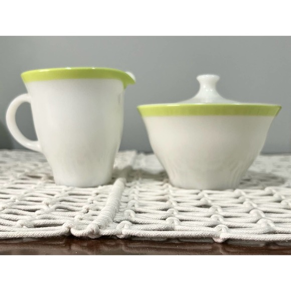 Pyrex Vintage Milk Glass White with Lime Green Rim Tea Set - Picture 9 of 9